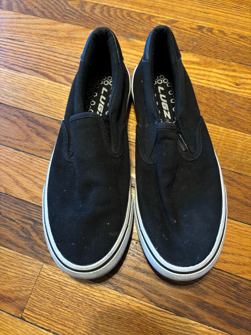 Lugz Black Slip-On Canvas Loafers with White Sole